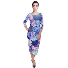 Flowers Quarter Sleeve Midi Velour Bodycon Dress by Sparkle