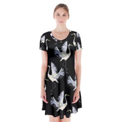 Crane Pattern Short Sleeve V-neck Flare Dress by Wegoenart