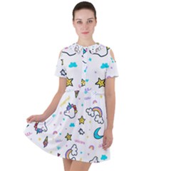 Unicorns Rainbows Seamless Pattern Short Sleeve Shoulder Cut Out Dress  by Wegoenart