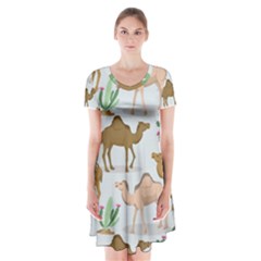 Camels Cactus Desert Pattern Short Sleeve V-neck Flare Dress by Wegoenart