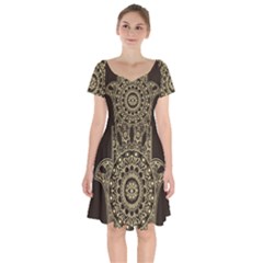 Hamsa Hand Drawn Symbol With Flower Decorative Pattern Short Sleeve Bardot Dress by Wegoenart