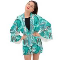 Sea Waves Seamless Pattern Long Sleeve Kimono by Wegoenart