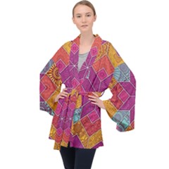 Ethnic Floral Mosaic Pattern Long Sleeve Velvet Kimono  by Wegoenart