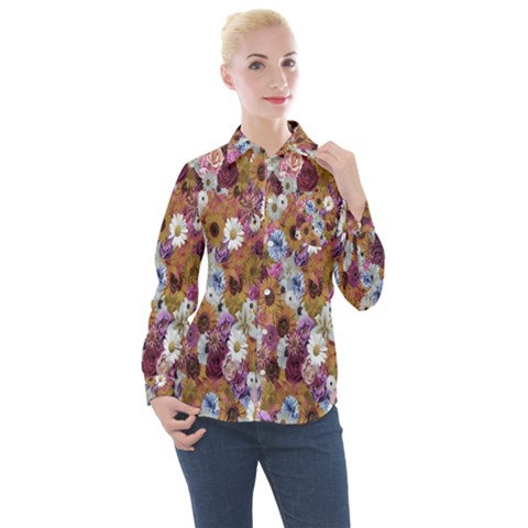 Fantasy Garden Mauve Women s Long Sleeve Pocket Shirt by retrotoomoderndesigns