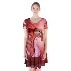 Funny Cartoon Dragon With Butterflies Short Sleeve V-neck Flare Dress by FantasyWorld7