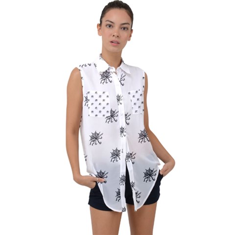 Stylized Black And White Floral Print Sleeveless Chiffon Button Shirt by dflcprintsclothing