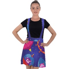 Cartoon Funny Aliens With Ufo Duck Starry Sky Set Velvet Suspender Skater Skirt by Vaneshart