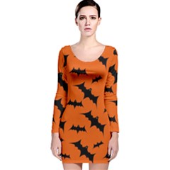 Halloween Card With Bats Flying Pattern Long Sleeve Velvet Bodycon Dress by Vaneshart