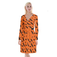 Halloween Card With Bats Flying Pattern Long Sleeve Velvet Front Wrap Dress by Vaneshart