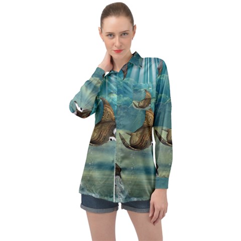 Awesome Steampunk Manta Rays Long Sleeve Satin Shirt by FantasyWorld7