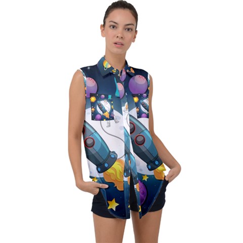 Spaceship Astronaut Space Sleeveless Chiffon Button Shirt by Vaneshart