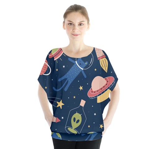 Seamless Pattern With Funny Aliens Cat Galaxy Batwing Chiffon Blouse by Vaneshart