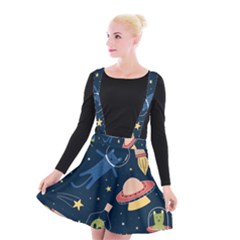 Seamless Pattern With Funny Aliens Cat Galaxy Suspender Skater Skirt by Vaneshart