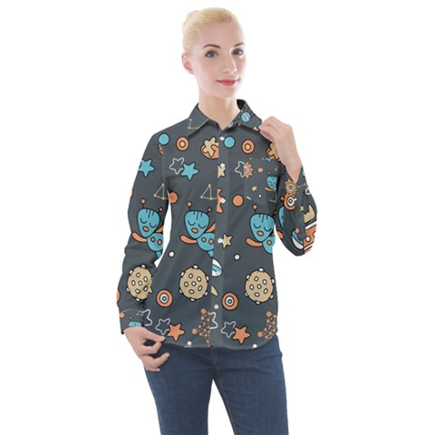 Space Seamless Pattern Women s Long Sleeve Pocket Shirt by Vaneshart