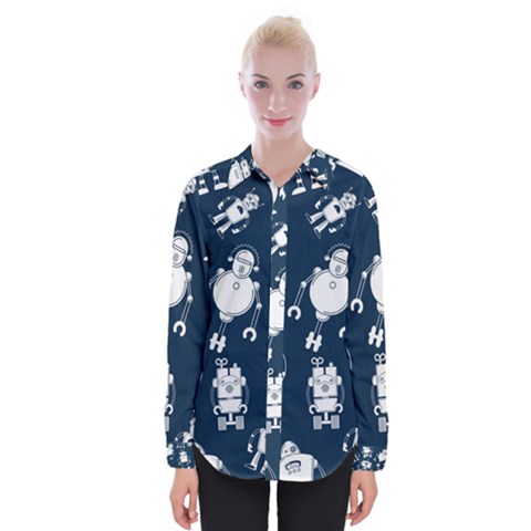 White Robot Blue Seamless Pattern Womens Long Sleeve Shirt by Vaneshart