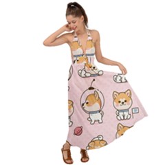 Set Kawaii Smile Japanese Dog Cartoon Backless Maxi Beach Dress by Vaneshart