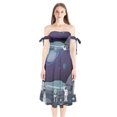 Alien Astronaut Scene Shoulder Tie Bardot Midi Dress by Vaneshart