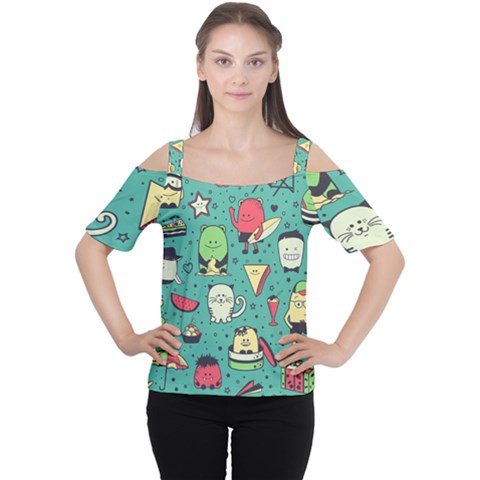 Seamless Pattern With Funny Monsters Cartoon Hand Drawn Characters Unusual Creatures Cutout Shoulder Tee by Vaneshart