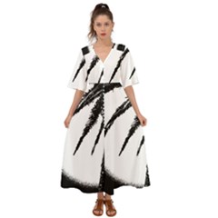 Black And White Tropical Moonscape Illustration Kimono Sleeve Boho Dress by dflcprintsclothing