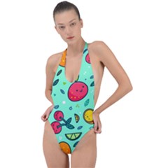 Various Fruits With Faces Seamless Pattern Backless Halter One Piece Swimsuit by Vaneshart