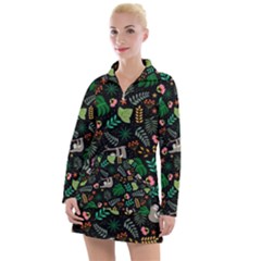 Floral Pattern With Plants Sloth Flowers Black Backdrop Women s Long Sleeve Casual Dress by Vaneshart