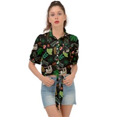 Floral Pattern With Plants Sloth Flowers Black Backdrop Tie Front Shirt  by Vaneshart