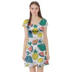 Seamless Pattern Tropical Fruit Banana Watermelon Papaya Lemon Orange Monstera Short Sleeve Skater Dress by Vaneshart