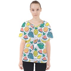 Seamless Pattern Tropical Fruit Banana Watermelon Papaya Lemon Orange Monstera V-neck Dolman Drape Top by Vaneshart