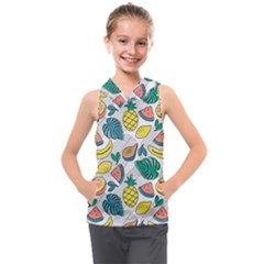 Seamless Pattern Tropical Fruit Banana Watermelon Papaya Lemon Orange Monstera Kids  Sleeveless Hoodie by Vaneshart