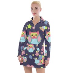 Owl Stars Pattern Background Women s Long Sleeve Casual Dress by Vaneshart