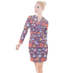 Cute Seamless Pattern With Doodle Birds Balloons Button Long Sleeve Dress by Vaneshart