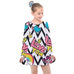 Vector Romantic Love Seamless Pattern Kids  Long Sleeve Dress by Vaneshart