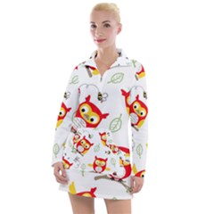 Seamless Pattern Vector Owl Cartoon With Bugs Women s Long Sleeve Casual Dress by Vaneshart