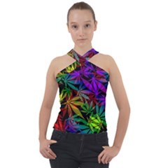 Ganja In Rainbow Colors, Weed Pattern, Marihujana Theme Cross Neck Velour Top by Casemiro