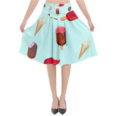 Ice Cream Pattern, Light Blue Background Flared Midi Skirt by Casemiro