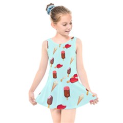 Ice Cream Pattern, Light Blue Background Kids  Skater Dress Swimsuit by Casemiro