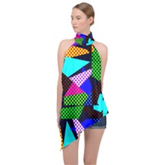 Trippy Blocks, Dotted Geometric Pattern Halter Asymmetric Satin Top by Casemiro