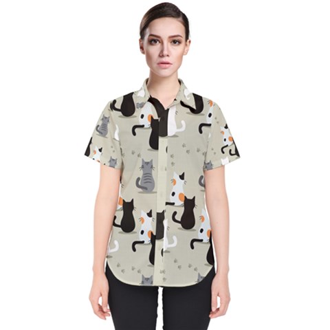 Cute Cat Seamless Pattern Women s Short Sleeve Shirt by Vaneshart