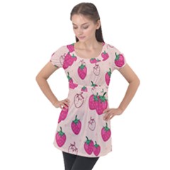 Seamless Strawberry Fruit Pattern Background Puff Sleeve Tunic Top by Vaneshart