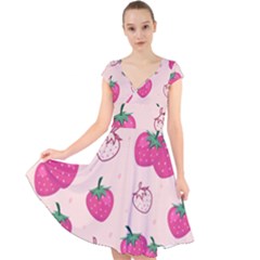 Seamless Strawberry Fruit Pattern Background Cap Sleeve Front Wrap Midi Dress by Vaneshart