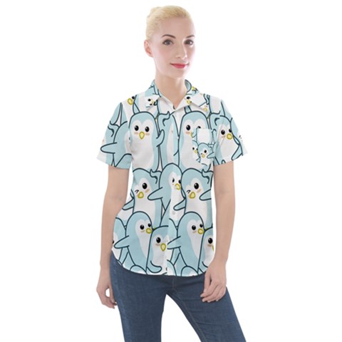 Penguins Pattern Women s Short Sleeve Pocket Shirt by Vaneshart