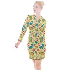 Seamless Pattern With Cute Dinosaurs Character Button Long Sleeve Dress by Vaneshart