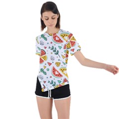 Seamless-hipster-pattern-with-watermelons-mint-geometric-figures Asymmetrical Short Sleeve Sports Tee by Vaneshart