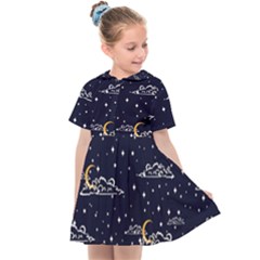 Hand Drawn Scratch Style Night Sky With Moon Cloud Space Among Stars Seamless Pattern Vector Design  Kids  Sailor Dress by BangZart