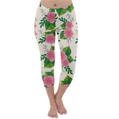 Cute Pink Flowers With Leaves-pattern Capri Winter Leggings  by BangZart