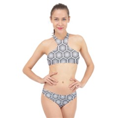 Halftone Tech Hexagons Seamless Pattern High Neck Bikini Set by BangZart