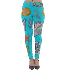 Colored Sketched Sea Elements Pattern Background Sea Life Animals Illustration Lightweight Velour Leggings by BangZart