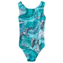 Sea Waves Seamless Pattern Kids  Cut-out Back One Piece Swimsuit by BangZart