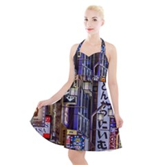 Shinjuku District Urban Night Scene, Tokyo Japan Halter Party Swing Dress  by dflcprintsclothing