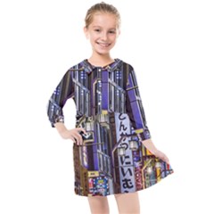 Shinjuku District Urban Night Scene, Tokyo Japan Kids  Quarter Sleeve Shirt Dress by dflcprintsclothing